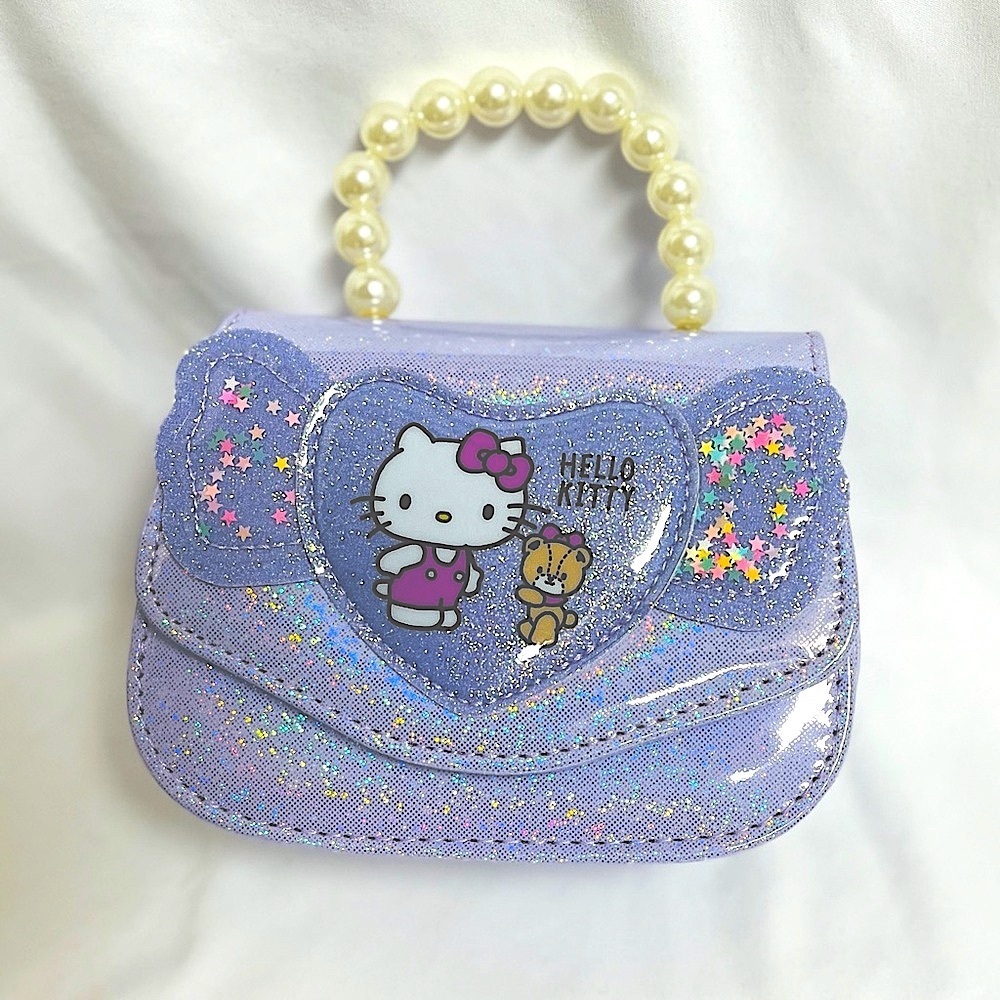 Hello Kitty Purple Glitter Kids Bag, NIB, crossbody strap, cream bead handle,